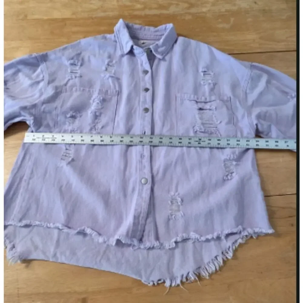 POL Lavender Distressed Denim Shacket Small Frayed Hem Button Front Boho